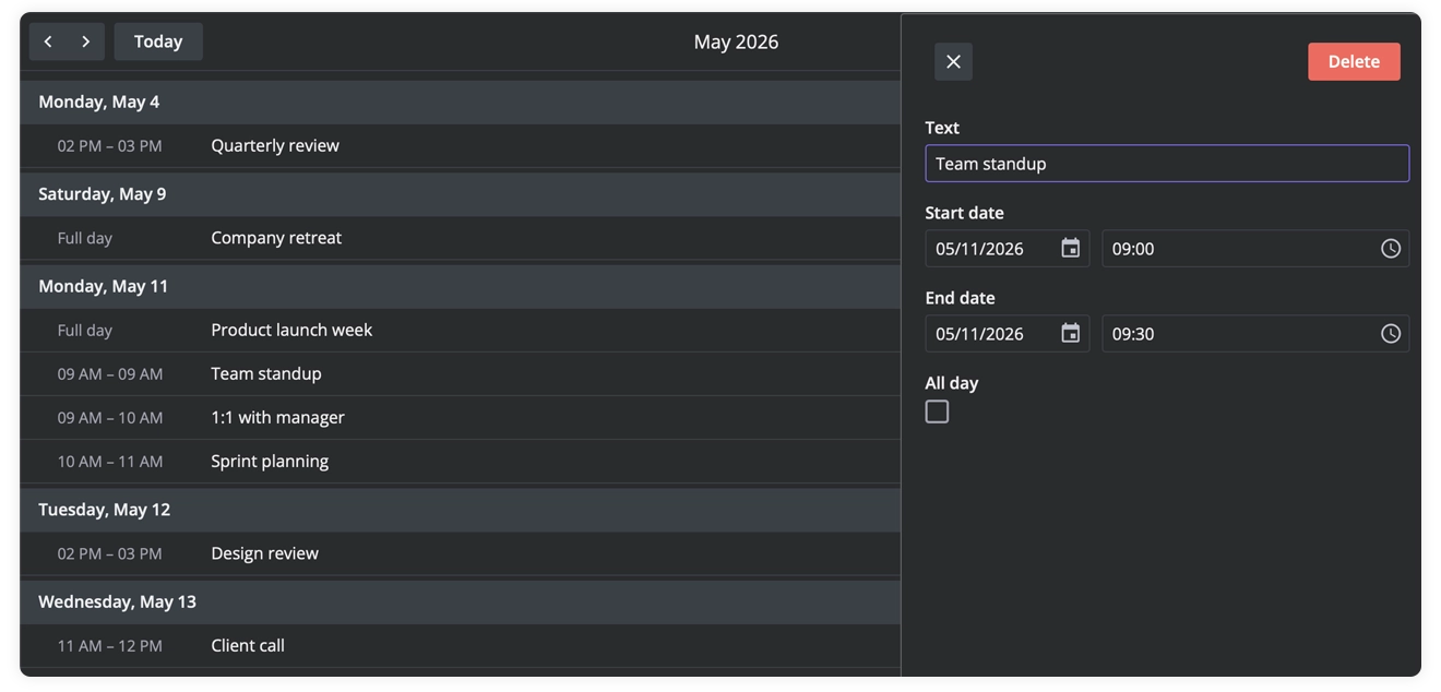 Agenda View in SVAR Calendar