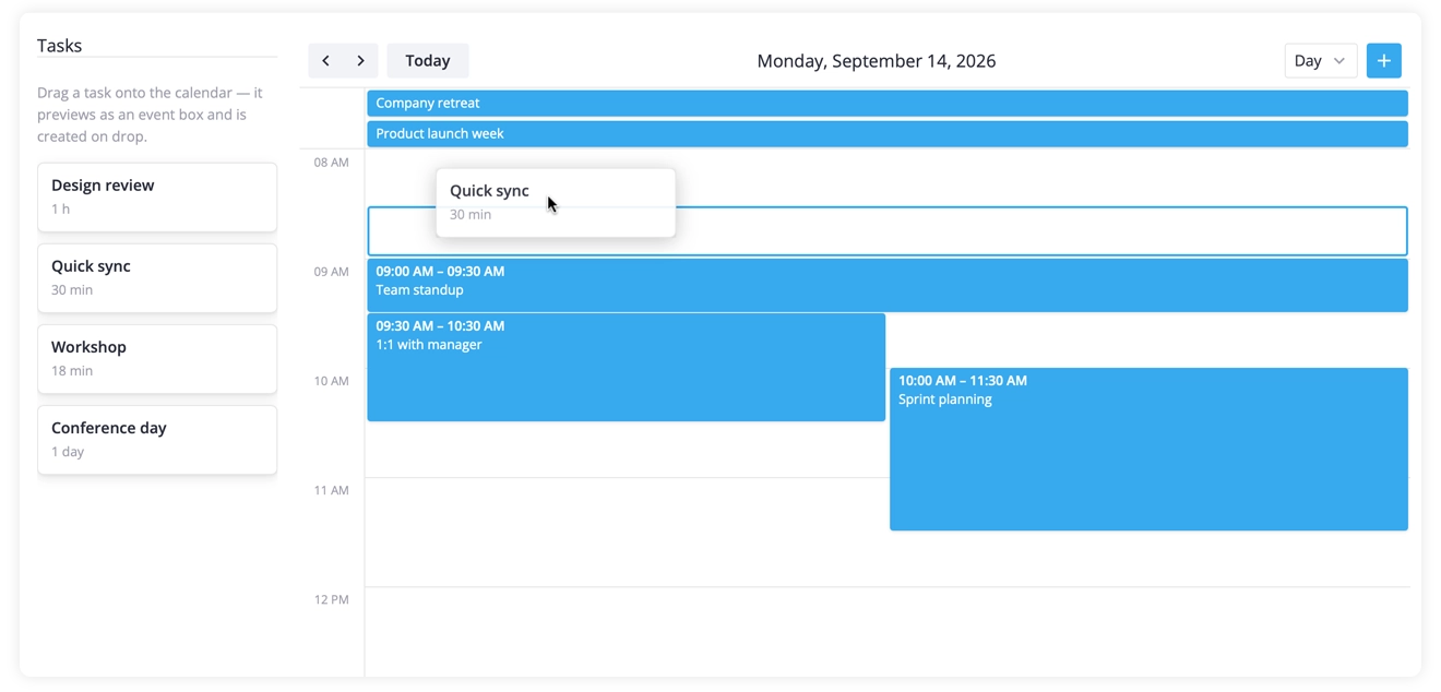 SVAR Calendar for Svelte, React, Vue - Drag from outside