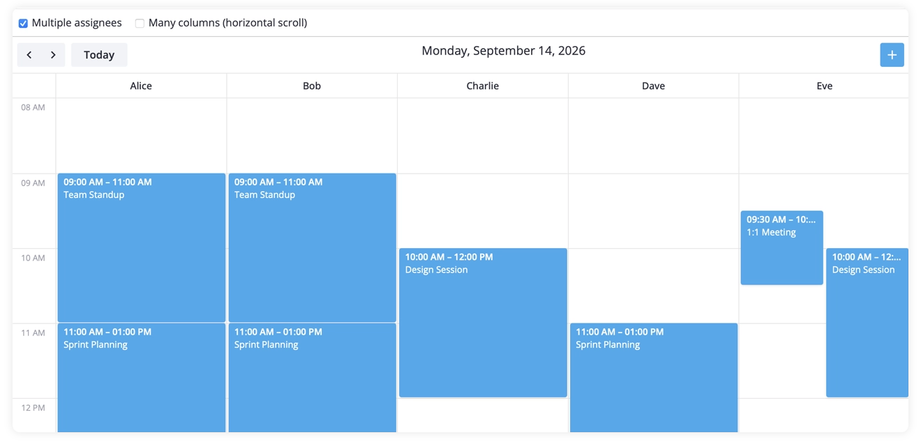 SVAR Calendar for Svelte, React, Vue - Multi-resource events