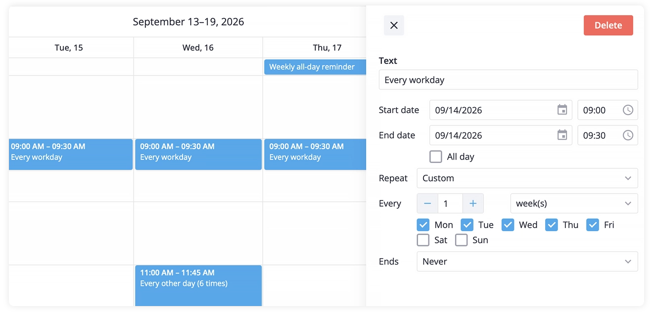 SVAR Calendar for Svelte, React, Vue - Editing recurring events