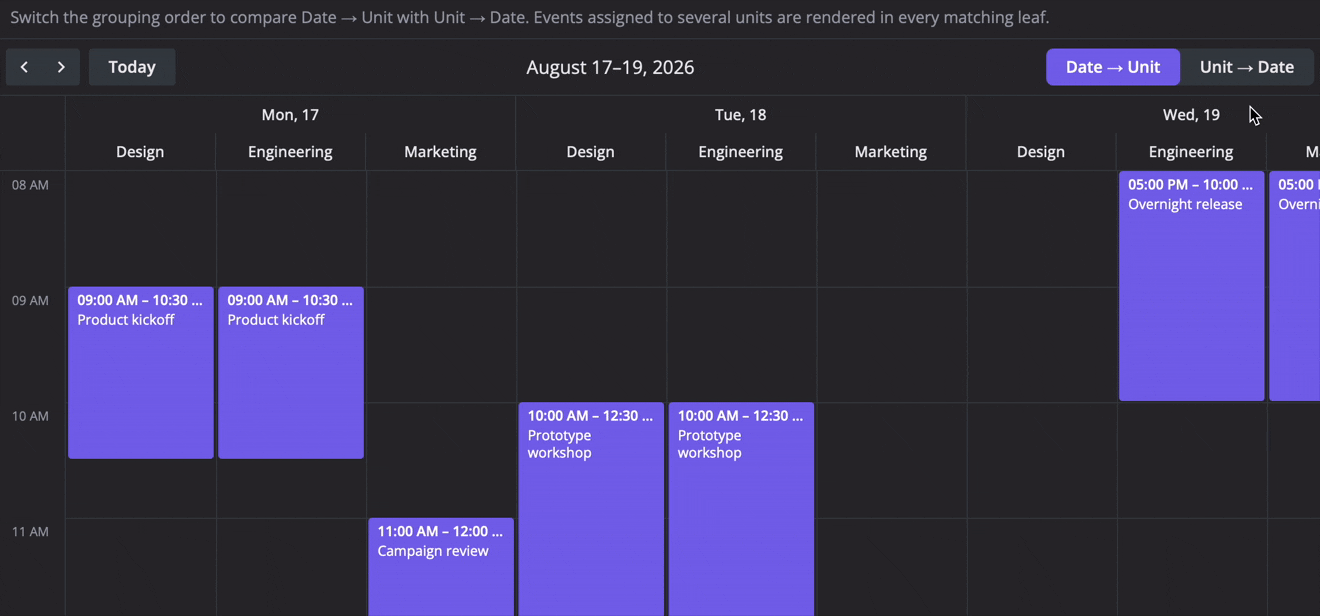 SVAR Calendar for Svelte, React, Vue - Combined scales for Resources