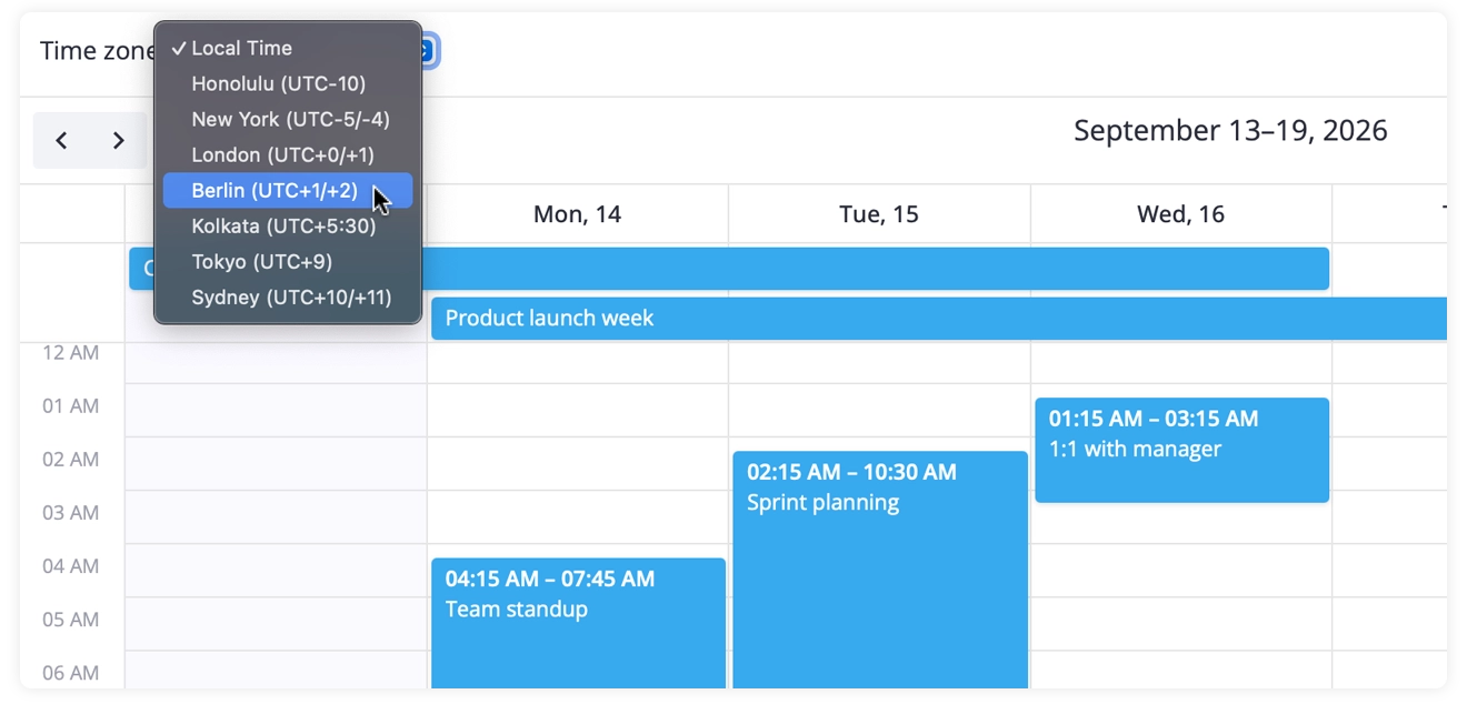 SVAR Calendar for Svelte, React, Vue - Switching time zones