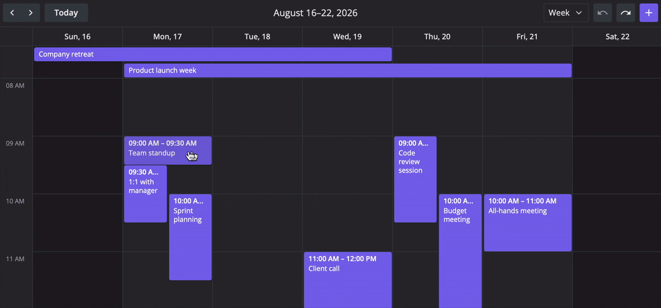 SVAR Calendar for Svelte, React, Vue - Undo/redo support