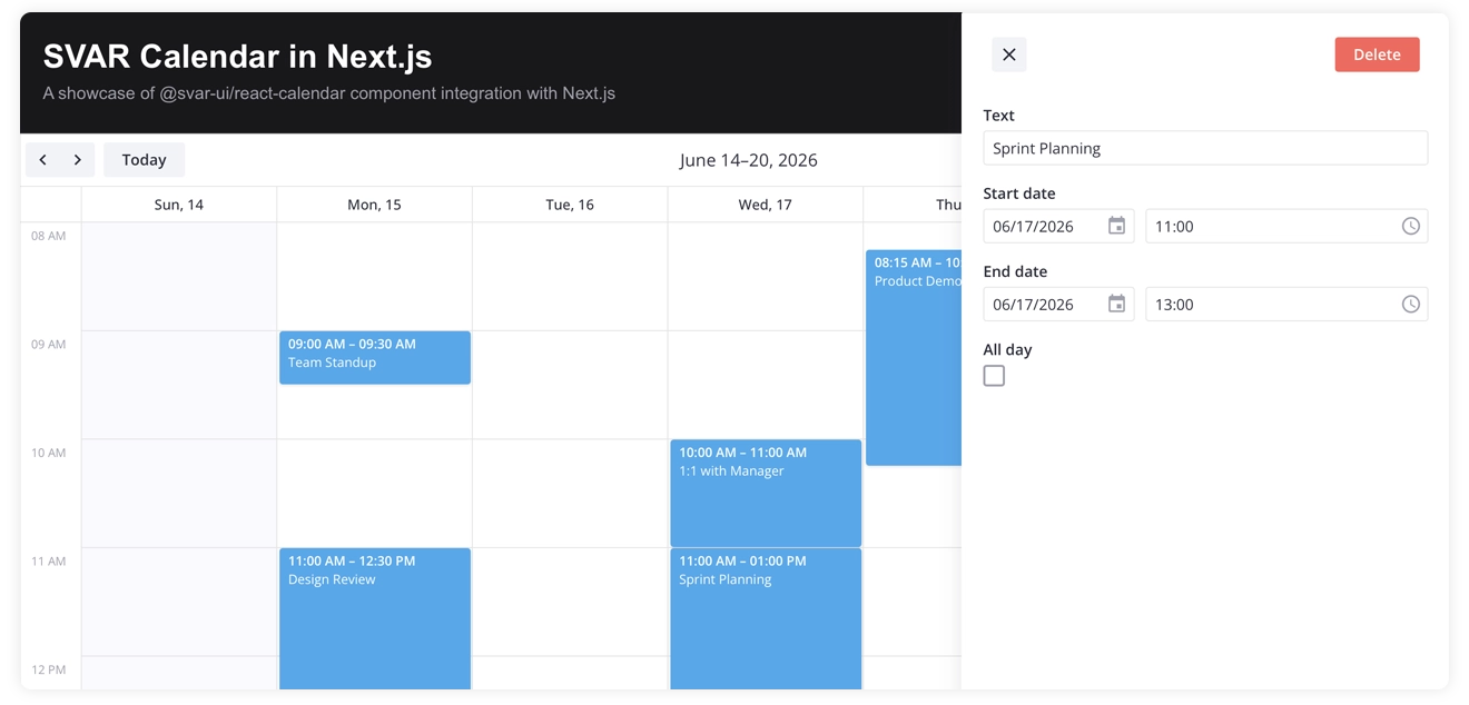 SVAR React Calendar with Next.js - Editor