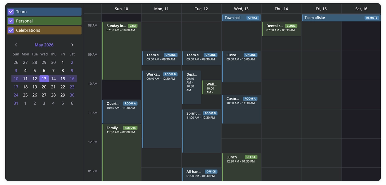 SVAR Calendar for Svelte, React, Vue - Preview