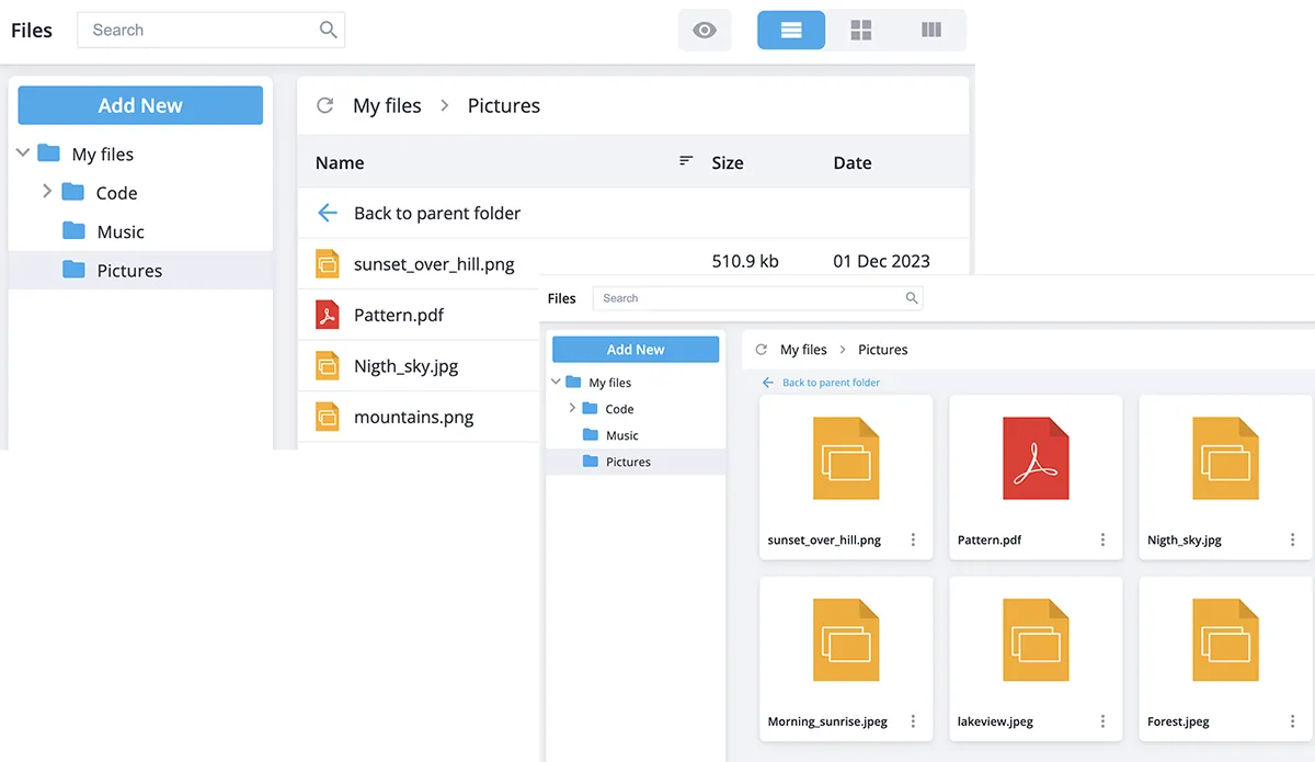 Svelte File Manager - List and tile views
