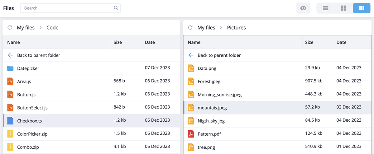 Svelte File Manager - Split view