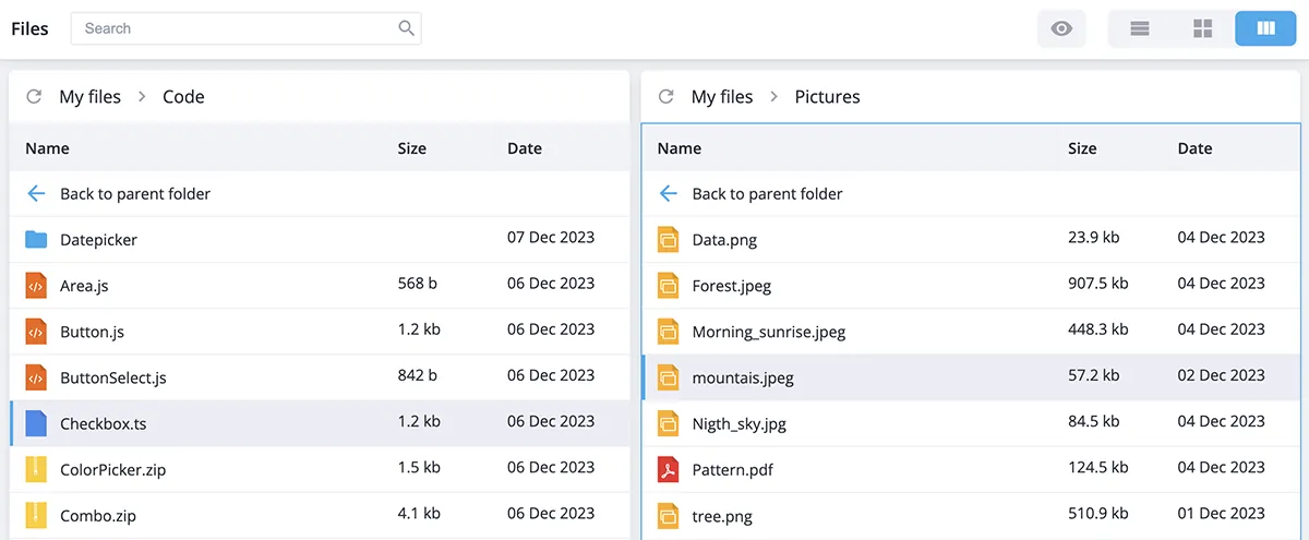 Svelte File Manager - Split view