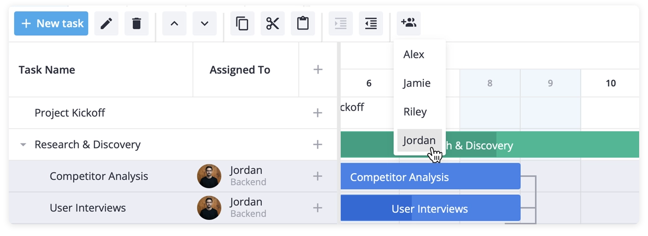 SVAR Svelte Gantt - Toolbar with Assign to button
