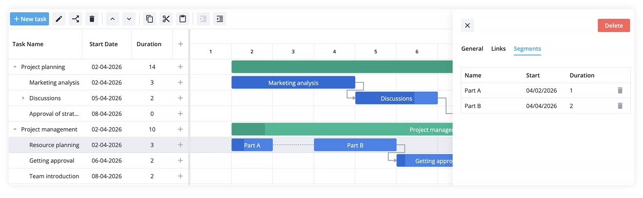 SVAR Gantt - Segments tab in editor