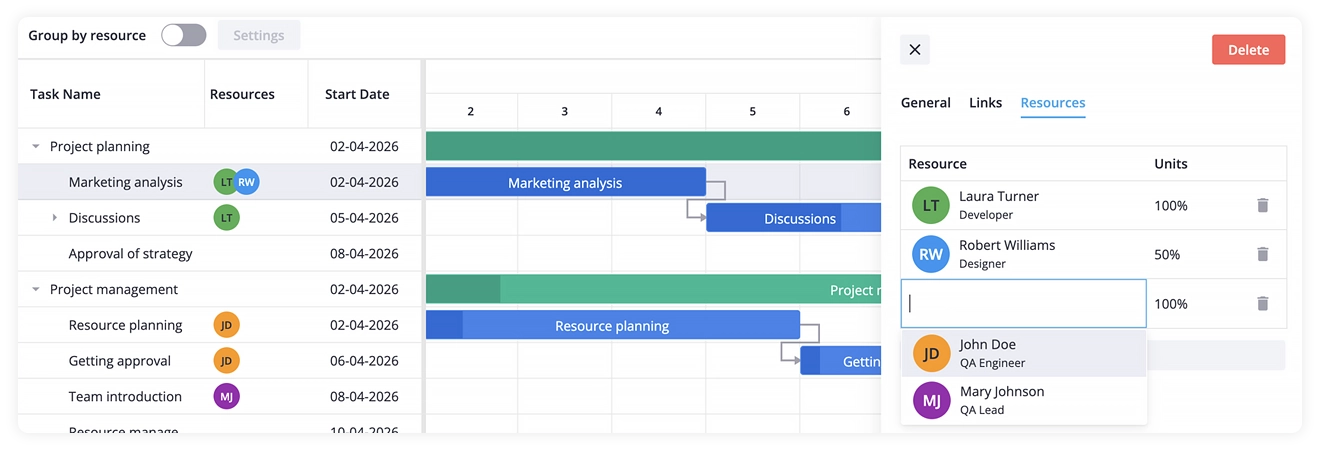 SVAR Gantt - Resource tab in editor