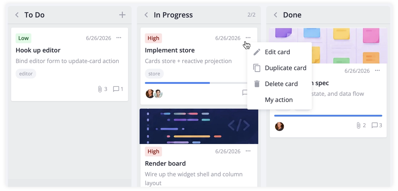 SVAR Kanban - Context menu