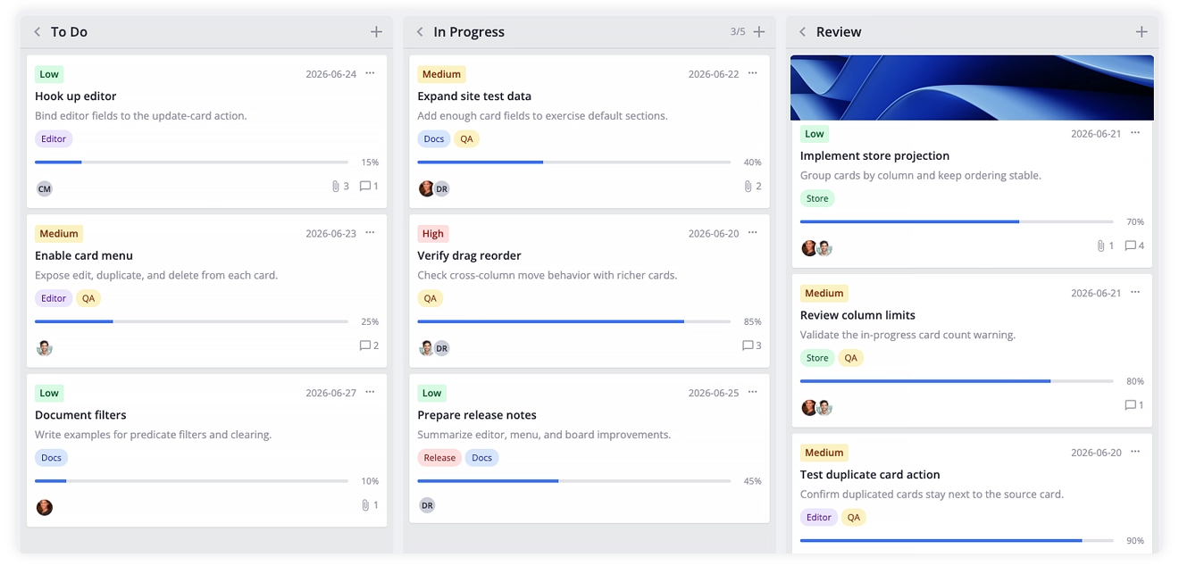 SVAR Kanban for React, Svelte & Vue — User Interface