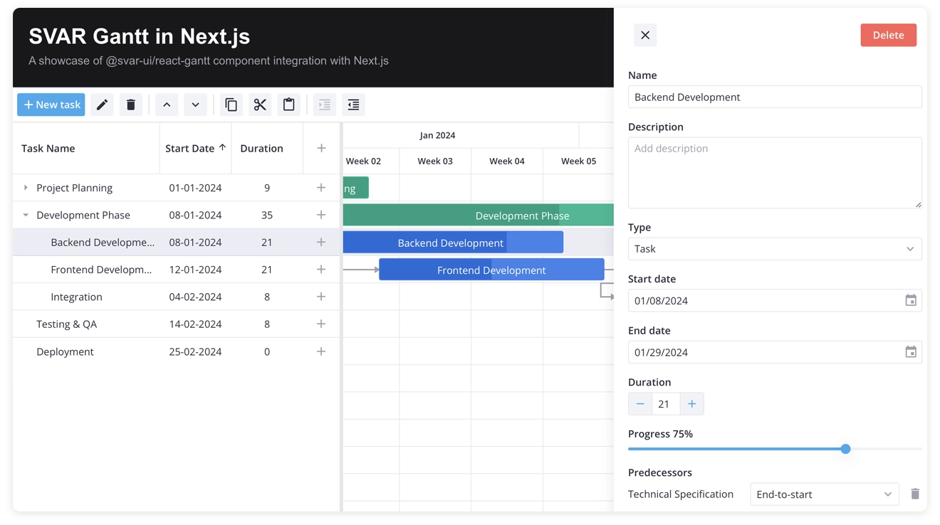 SVAR React Gantt with Editor Panel - Integrated with Next.js