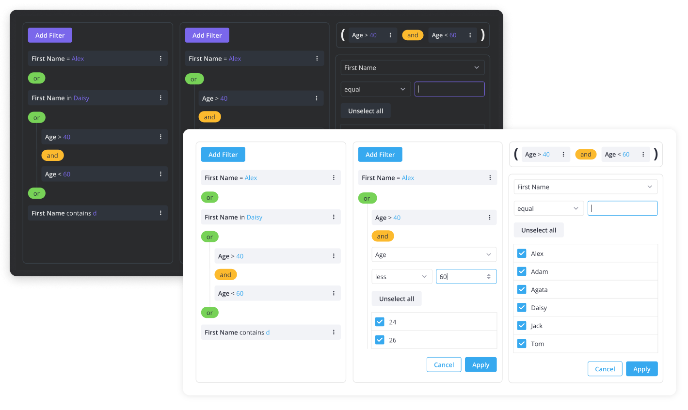 SVAR React Filter - Light and Dark UI