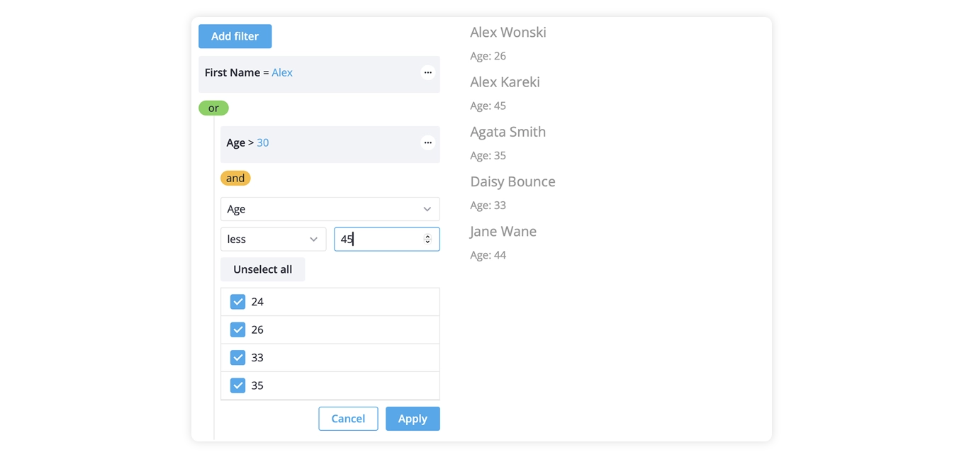 Svelte Filter Builder Component