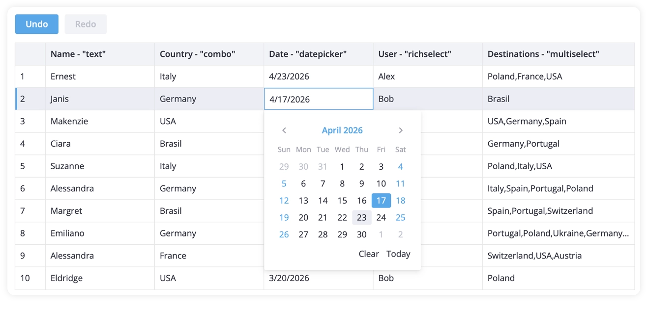 SVAR Vue DataGrid - Datepicker Editor