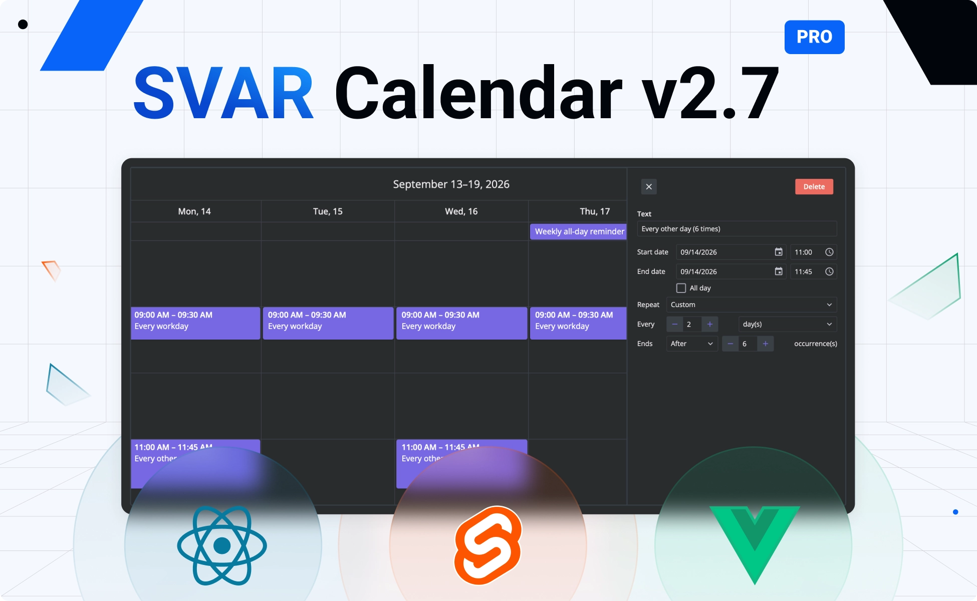 SVAR Calendar 2.7: Mobile Support, Editable Recurring Events & Timezone Support