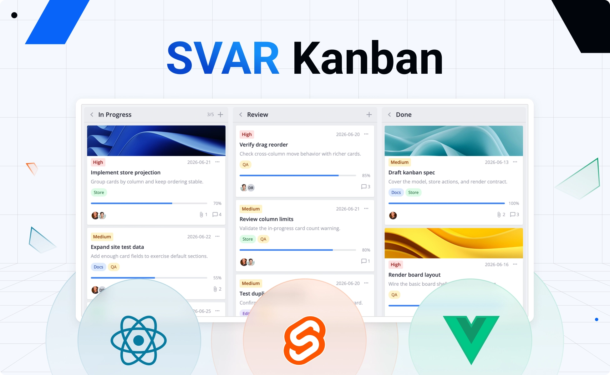 SVAR Kanban: Interactive Task Board Component for Svelte, React, and Vue
