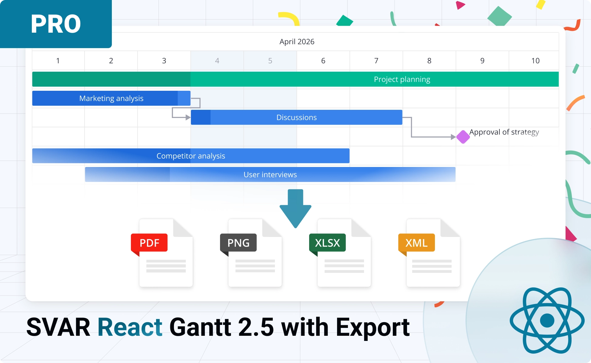 SVAR React Gantt PRO v2.5 Released with Export to PDF, PNG, Excel & MS Project