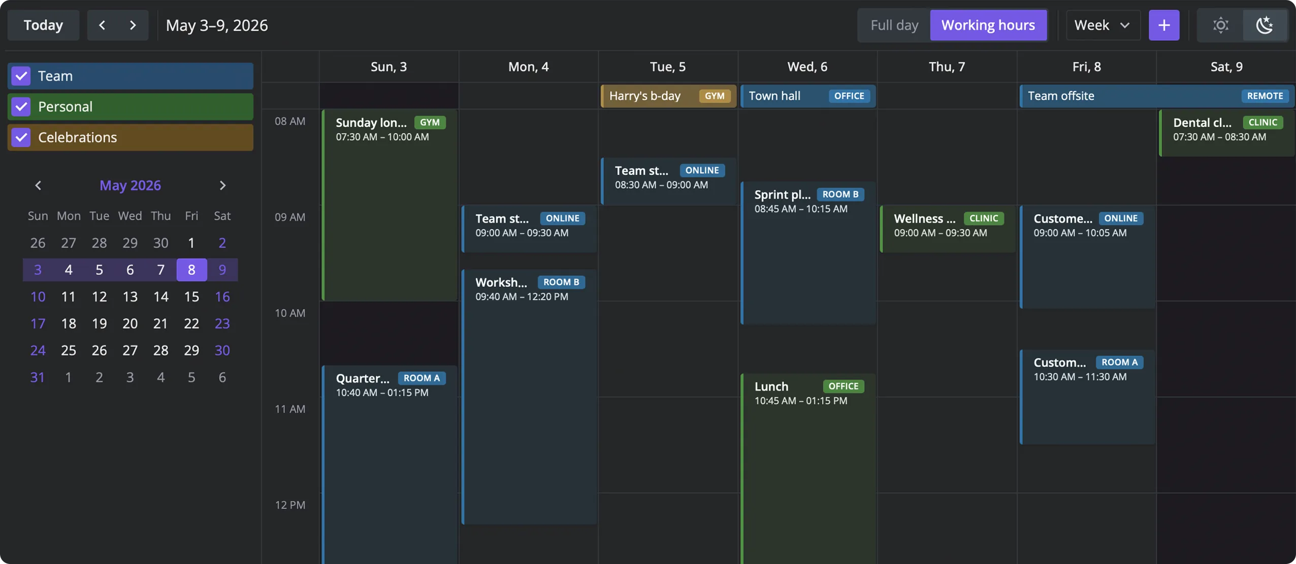 SVAR React Calendar component — light & dark theme