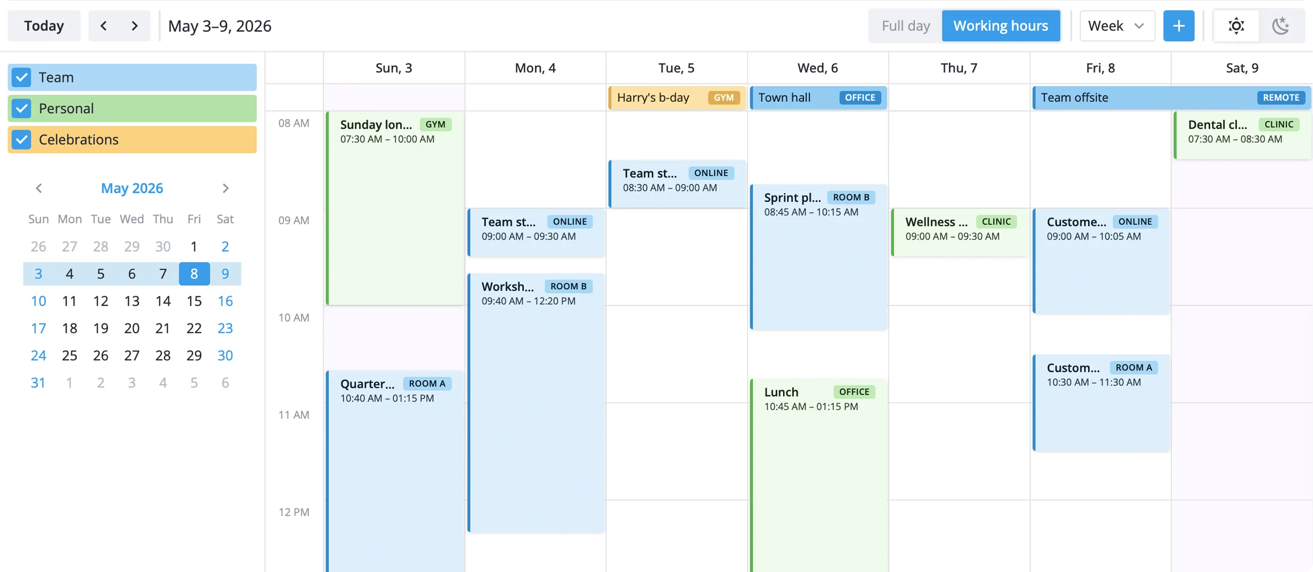 SVAR React Calendar component — light & dark theme
